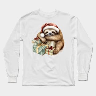 Christmas Sloth Sleeping On Gift Box Long Sleeve T-Shirt